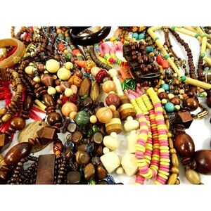 Wood Jewelry Lot 30pc Wooden Necklaces Bracelets